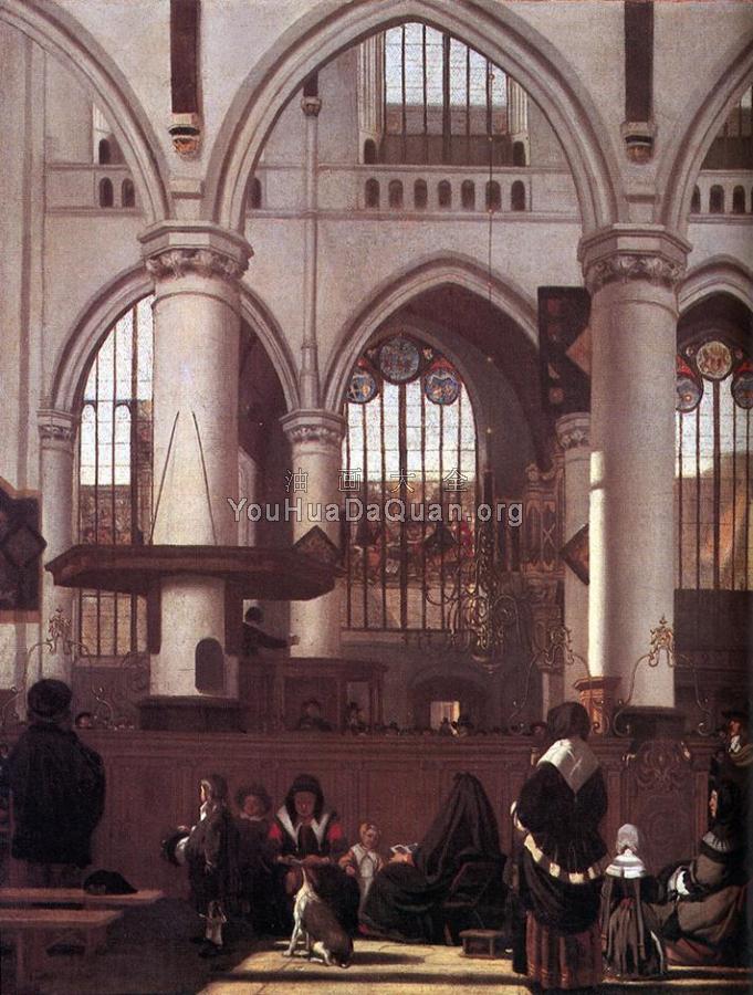 The Interior of the Oude Kerk Amsterdam, during a Sermon - 伊曼纽尔·德·韦特
